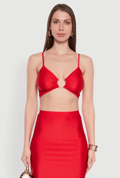 Womens Metallic O Ring Keyhole Crop Top, Red, Size M