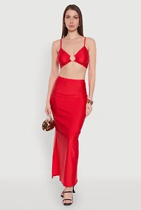 Womens Metallic O Ring Keyhole Crop Top, Red,