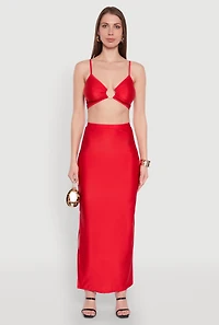 Womens Metallic O Ring Keyhole Crop Top, Red,