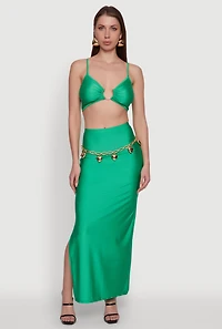 Womens Trendy High Waisted Side Slit Maxi Skirt, Green, Size M