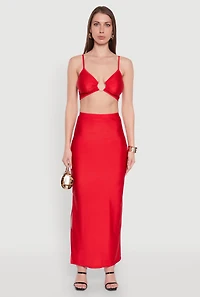Womens Trendy High Waisted Side Slit Maxi Skirt, Red, Size L