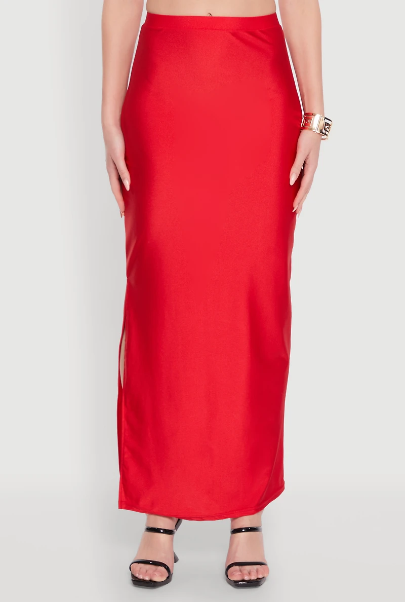 Womens Trendy High Waisted Side Slit Maxi Skirt, Red, Size L