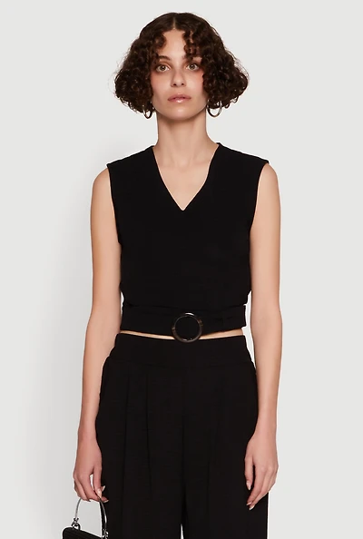 Chic Crepe Knit V Neck Sleeveless Crop Top with Belted Front