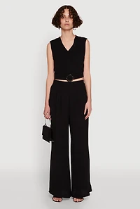 Womens Chic Crepe Knit V Neck Sleeveless Crop Top with Belted Front, Black, Size L