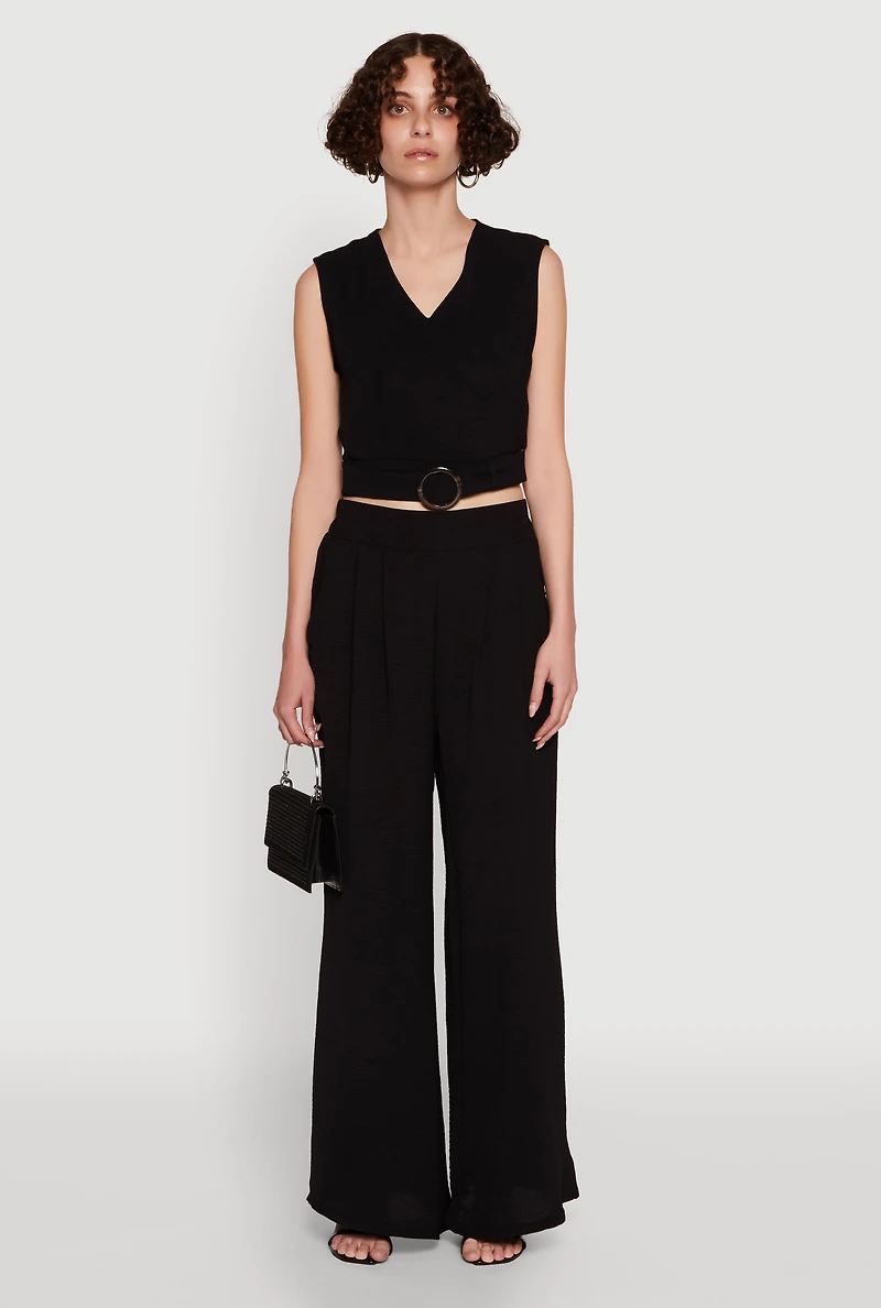 Chic Crepe Knit V Neck Sleeveless Crop Top with Belted Front