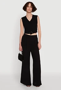 Womens Chic Crepe Knit V Neck Sleeveless Crop Top with Belted Front, Black, Size L