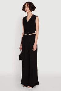 Womens Chic Crepe Knit V Neck Sleeveless Crop Top with Belted Front, Black, Size XL