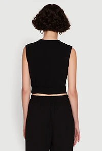 Womens Chic Crepe Knit V Neck Sleeveless Crop Top with Belted Front, Black, Size L