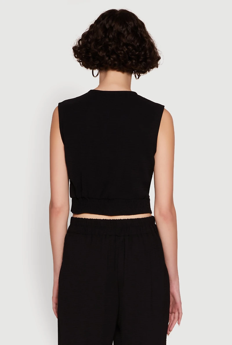 Womens Chic Crepe Knit V Neck Sleeveless Crop Top with Belted Front,