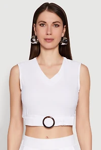 Womens Chic Crepe Knit V Neck Sleeveless Crop Top with Belted Front, White, Size S