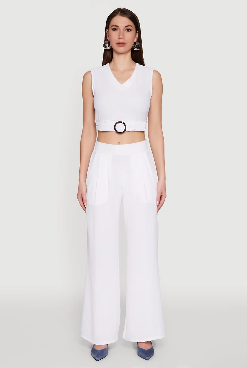 Womens Chic Crepe Knit V Neck Sleeveless Crop Top with Belted Front, White, Size S