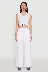 Womens Chic Crepe Knit V Neck Sleeveless Crop Top with Belted Front, White, Size S
