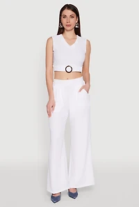 Womens Chic Crepe Knit V Neck Sleeveless Crop Top with Belted Front, White, Size S