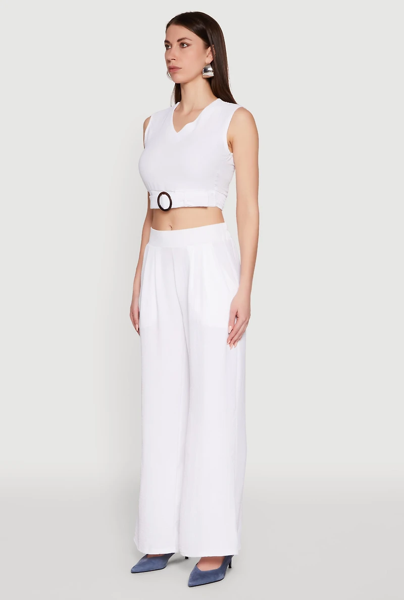 Womens Chic Crepe Knit V Neck Sleeveless Crop Top with Belted Front, White, Size S