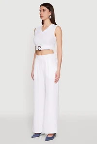 Womens Chic Crepe Knit V Neck Sleeveless Crop Top with Belted Front, White, Size S