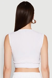 Womens Chic Crepe Knit V Neck Sleeveless Crop Top with Belted Front, White, Size S