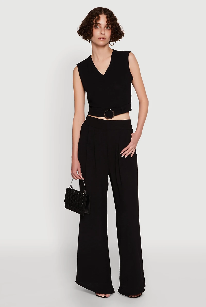 Trendy Pleated Detail Crepe Knit Palazzo Pants