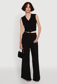 Trendy Pleated Detail Crepe Knit Palazzo Pants
