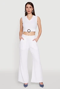 Womens Trendy Pleated Detail Crepe Knit Palazzo Pants, White, Size S