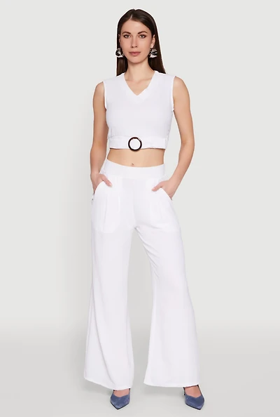 Womens Trendy Pleated Detail Crepe Knit Palazzo Pants, White, Size L