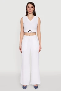 Womens Trendy Pleated Detail Crepe Knit Palazzo Pants, White, Size L