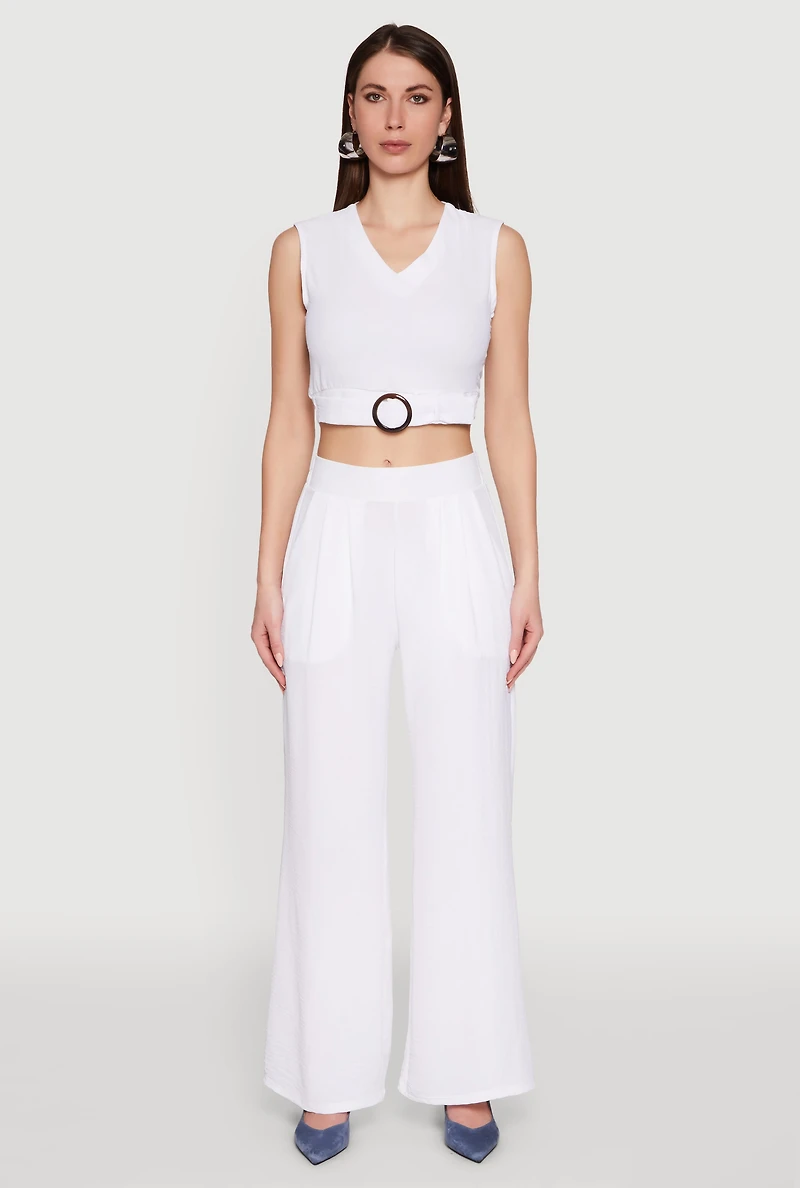 Trendy Pleated Detail Crepe Knit Palazzo Pants