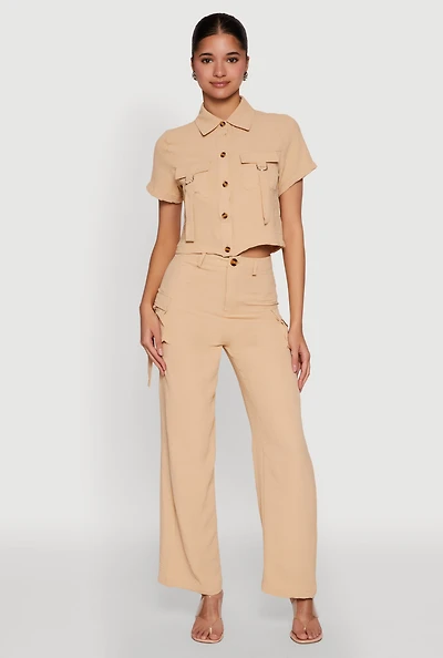 Womens Airy High Waisted Cargo Pocket Pants, Khaki, Size M