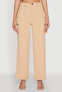 Womens Airy High Waisted Cargo Pocket Pants, Khaki, Size L