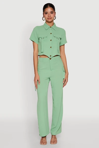 Womens Airy High Waisted Cargo Pocket Pants, Green, Size M