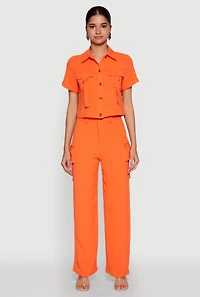 Womens Airy High Waisted Cargo Pocket Pants, Orange, Size M