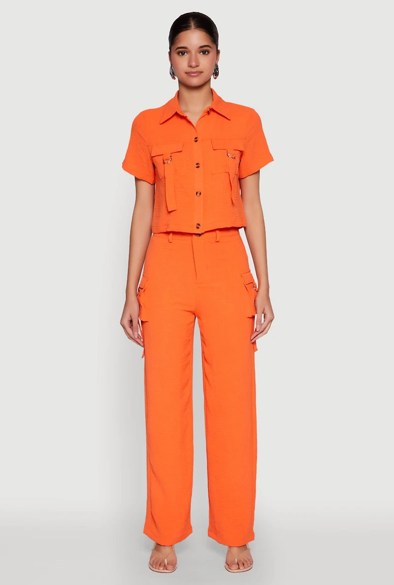 Womens Airy High Waisted Cargo Pocket Pants, Orange, Size L