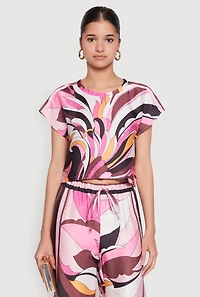 Womens Printed Cap Sleeve Satin Top, Multi, Size M