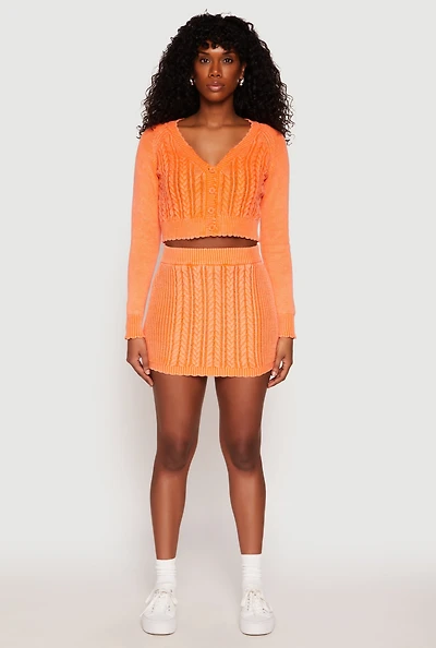 Womens Cable Knit High Waisted Mini Skirt, Orange, Size M