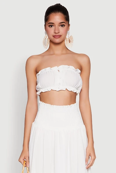Womens Airy Ruffled Button Front Tube Top, White, Size L