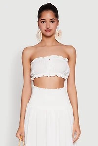 Womens Airy Ruffled Button Front Tube Top, White, Size L
