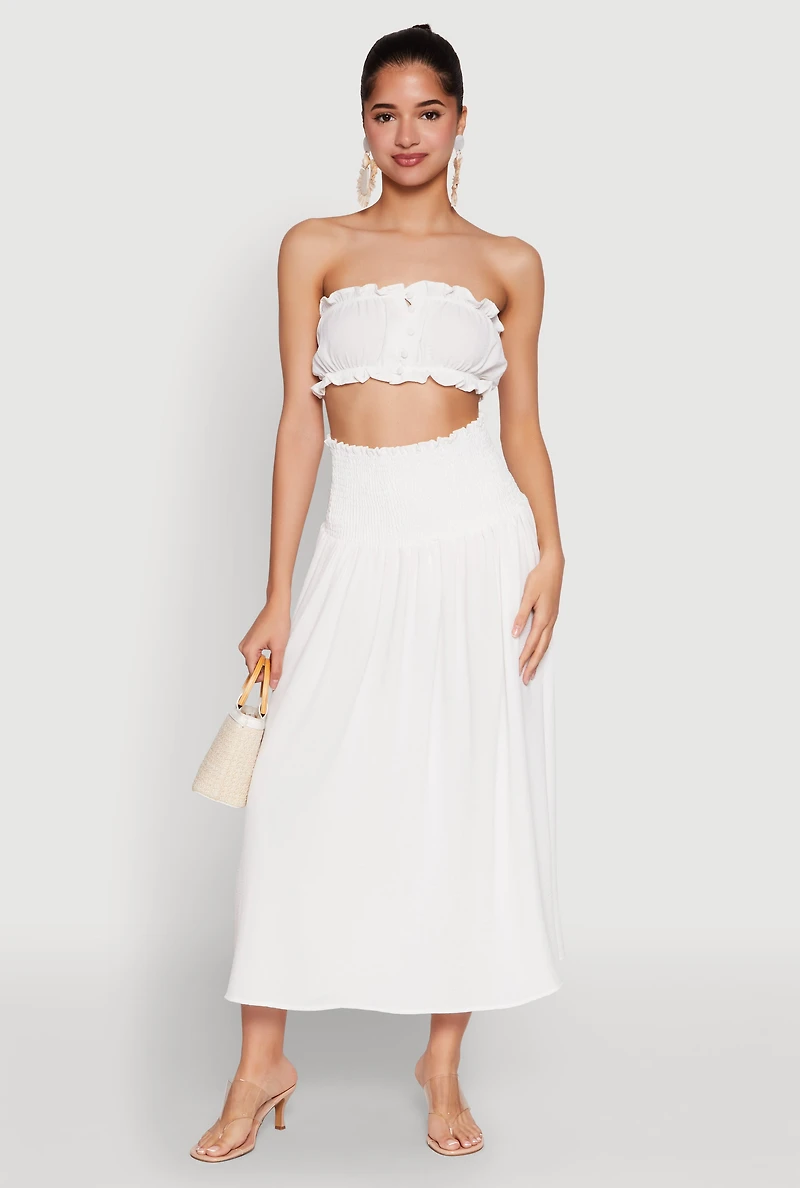 Womens Airy Ruffled Button Front Tube Top, White, Size L