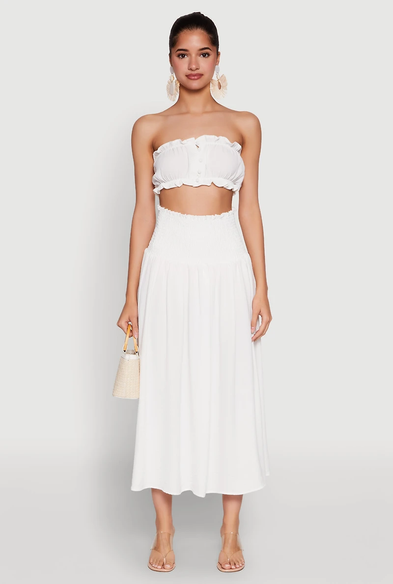 Womens Airy Ruffled Button Front Tube Top, White, Size L