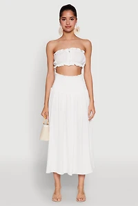 Womens Airy Ruffled Button Front Tube Top, White, Size L
