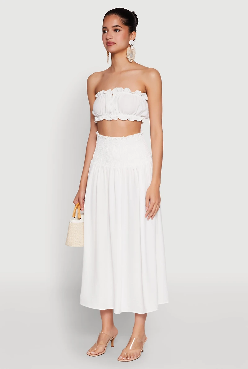 Womens Airy Ruffled Button Front Tube Top, White, Size L