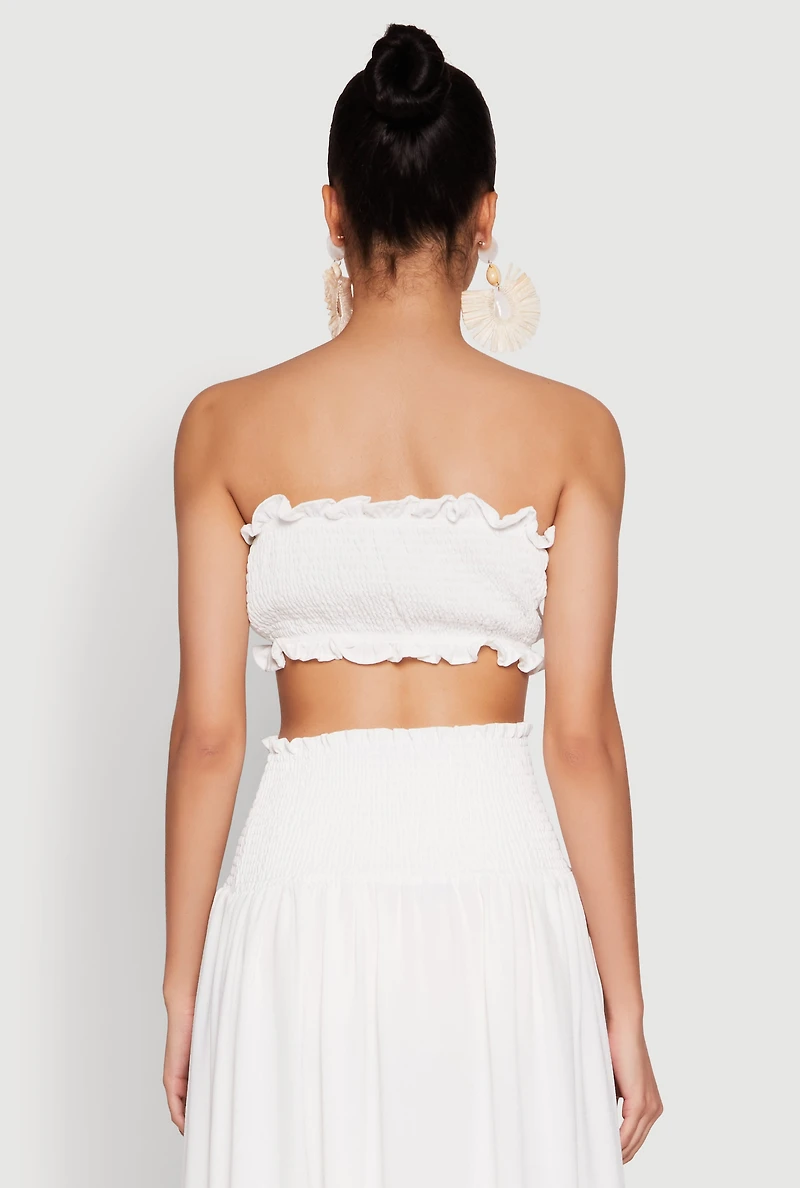Womens Airy Ruffled Button Front Tube Top, White, Size L
