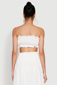 Womens Airy Ruffled Button Front Tube Top, White, Size L
