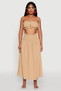 Womens Airy Ruffled Button Front Tube Top, Beige, Size S
