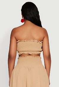 Womens Airy Ruffled Button Front Tube Top, Beige, Size S