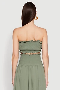 Womens Airy Ruffled Button Front Tube Top, Green, Size XL