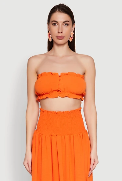 Womens Airy Ruffled Button Front Tube Top, Orange, Size L