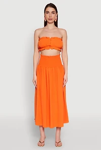 Womens Airy Ruffled Button Front Tube Top, Orange, Size L