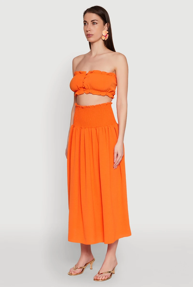 Womens Airy Ruffled Button Front Tube Top, Orange, Size L