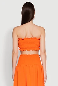 Womens Airy Ruffled Button Front Tube Top, Orange, Size L