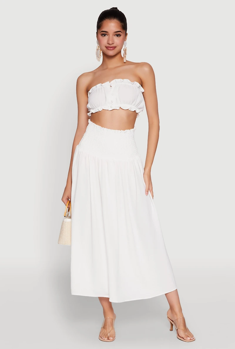 Womens Airy Smocked High Waist Skirt, White,