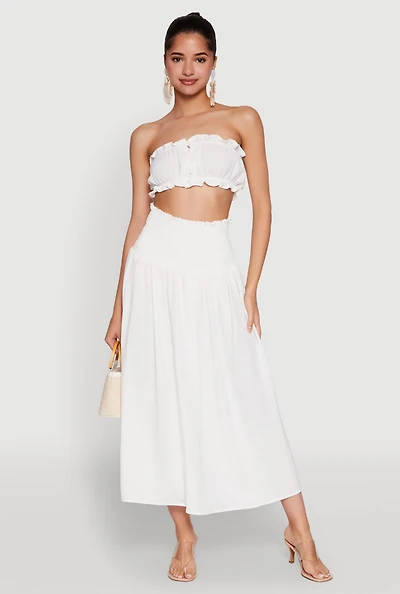 Womens Airy Smocked High Waist Skirt, White,